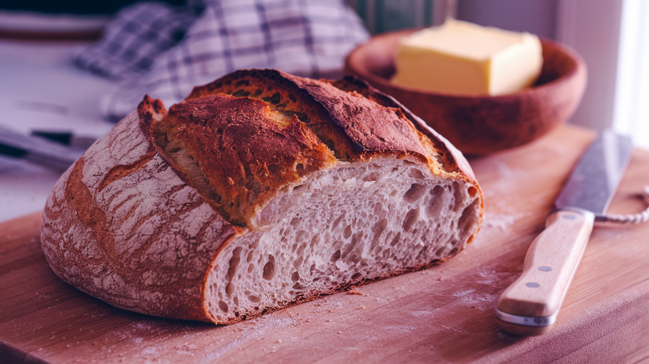 Rustic loaf of freshly baked bread with a golden crust on a wooden cutting board, paired with butter and a bread knife in a cozy kitchen setting.