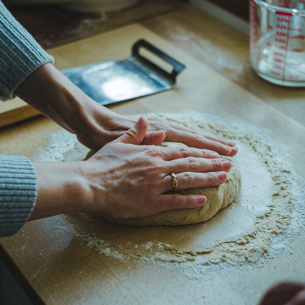 Hands kneading bread dough on a floured surface, showing the texture and tools used in the bread recipe preparation process