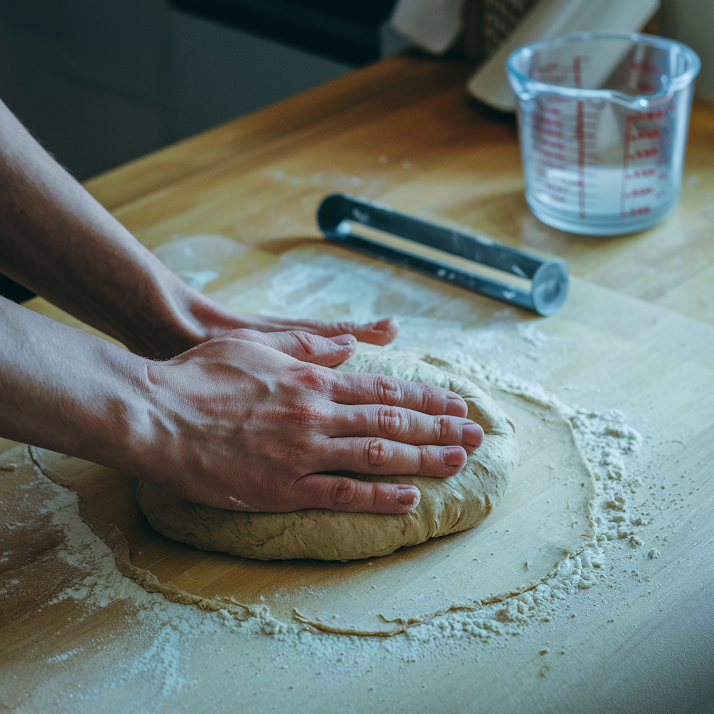 Hands kneading bread dough on a floured surface, showing the texture and tools used in the bread recipe preparation process