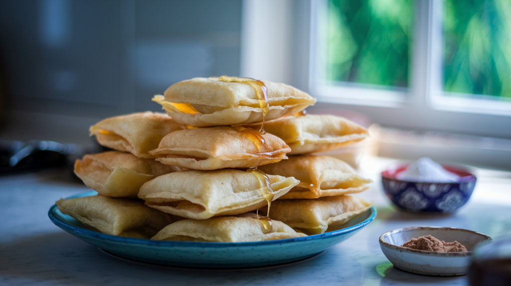 A plate of freshly made sopapillas drizzled with honey, served with cinnamon sugar and powdered sugar in a cozy kitchen setting – perfect for a sopapillas recipe.