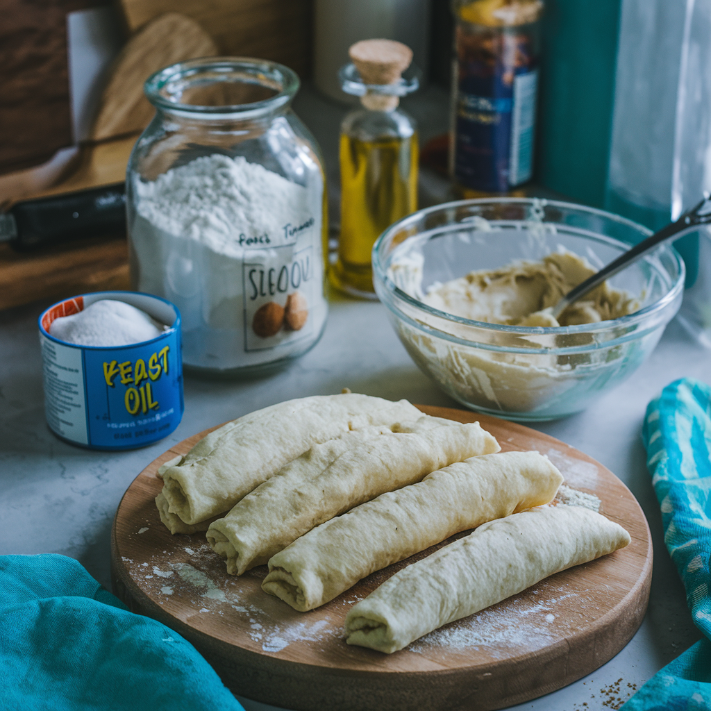 The essential ingredients for a sopapillas recipe, including flour, baking powder, salt, butter, honey, and warm water, arranged on a wooden countertop.