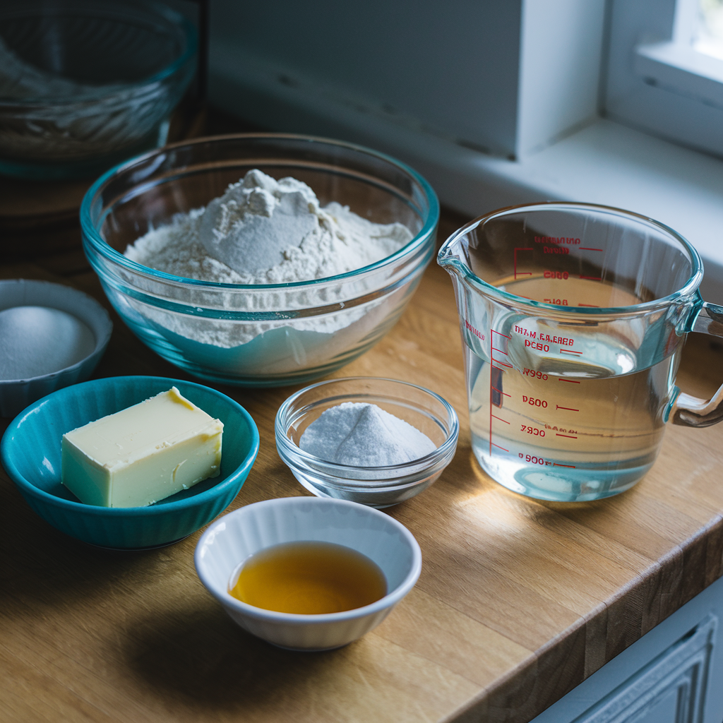 The essential ingredients for a sopapillas recipe, including flour, baking powder, salt, butter, honey, and warm water, arranged on a wooden countertop.