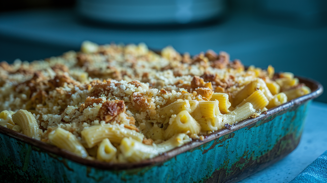 Freshly baked mac and cheese in a rustic baking dish with golden breadcrumbs and bubbling melted cheese, showcasing the final recipe.