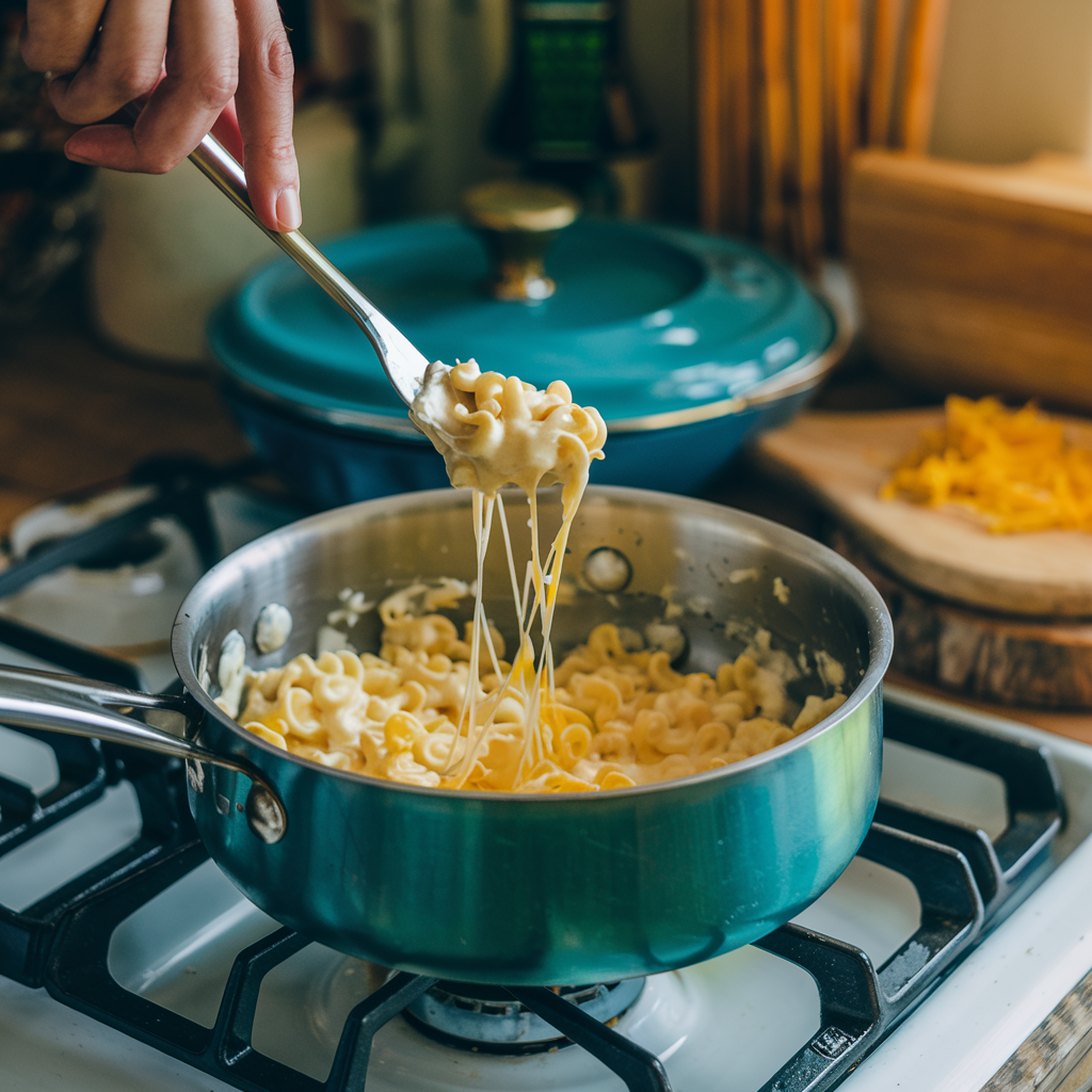 Process of making cheese sauce for baked mac and cheese, featuring a saucepan on a stove with creamy sauce and ingredient bowls in the background.