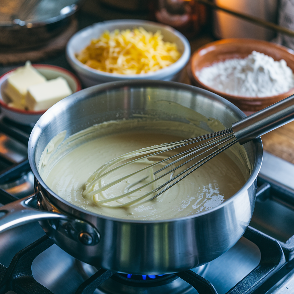 Process of making cheese sauce for baked mac and cheese, featuring a saucepan on a stove with creamy sauce and ingredient bowls in the background.