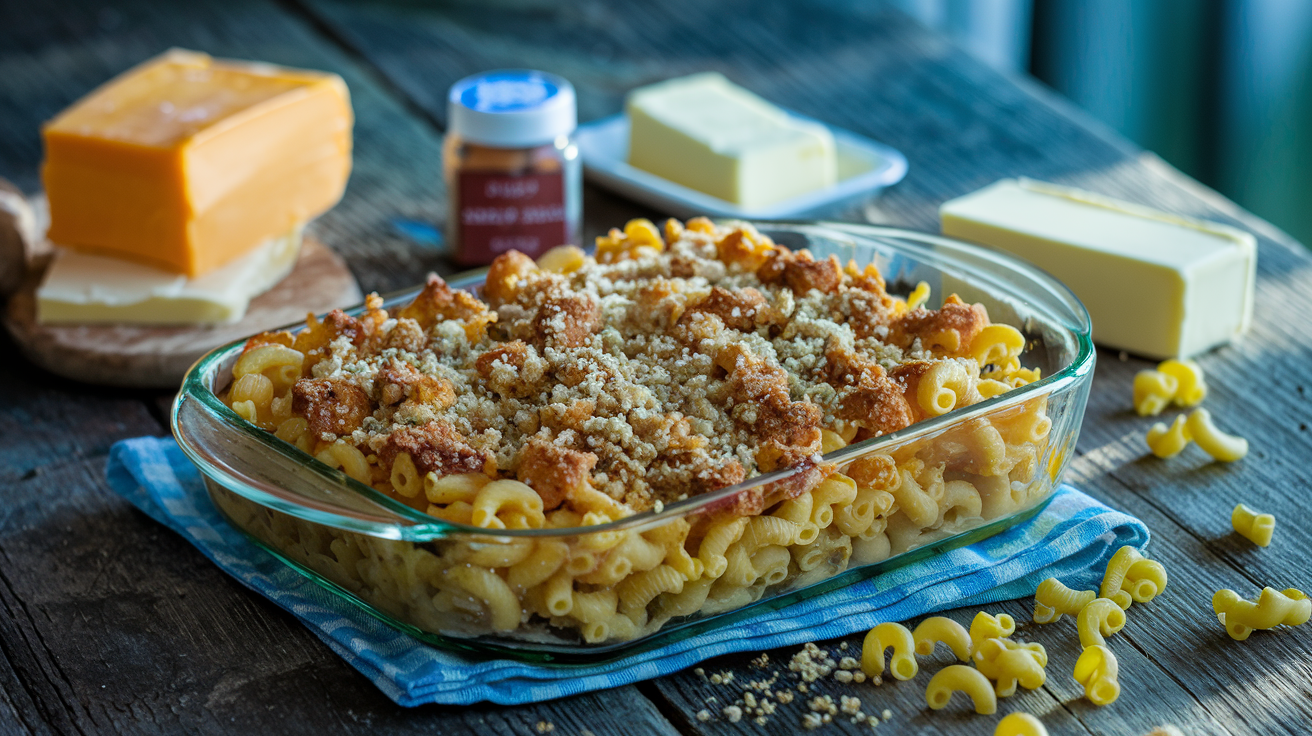 Freshly baked macaroni and cheese in a glass dish with a golden breadcrumb topping, surrounded by key ingredients like cheddar cheese, butter, and macaroni on a rustic table."