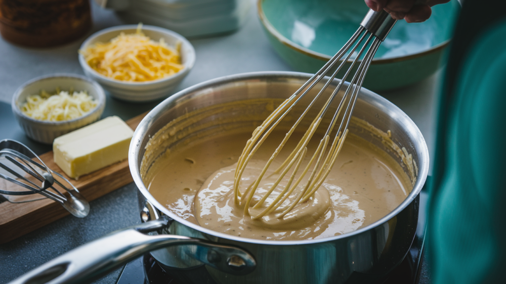 Close-up of creamy cheese sauce being whisked in a saucepan with shredded cheese, butter, and whisk nearby, showcasing the preparation of baked macaroni and cheese.