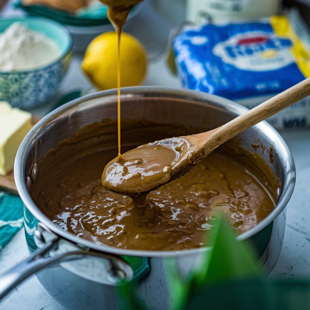 Close-up of creamy cheese sauce being whisked in a saucepan with shredded cheese, butter, and whisk nearby, showcasing the preparation of baked macaroni and cheese.