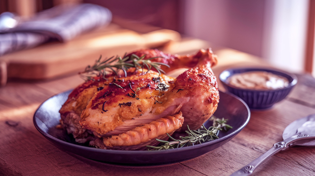 Golden-brown baked chicken recipe served with fresh rosemary and thyme on a rustic wooden table, perfect for a flavorful and moist meal.