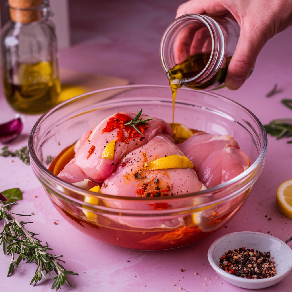 Raw chicken pieces being marinated with olive oil, lemon juice, and spices, showcasing the preparation process for a delicious baked chicken recipe.