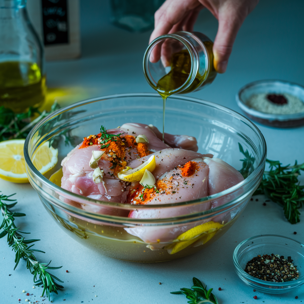 Raw chicken pieces being marinated with olive oil, lemon juice, and spices, showcasing the preparation process for a delicious baked chicken recipe.