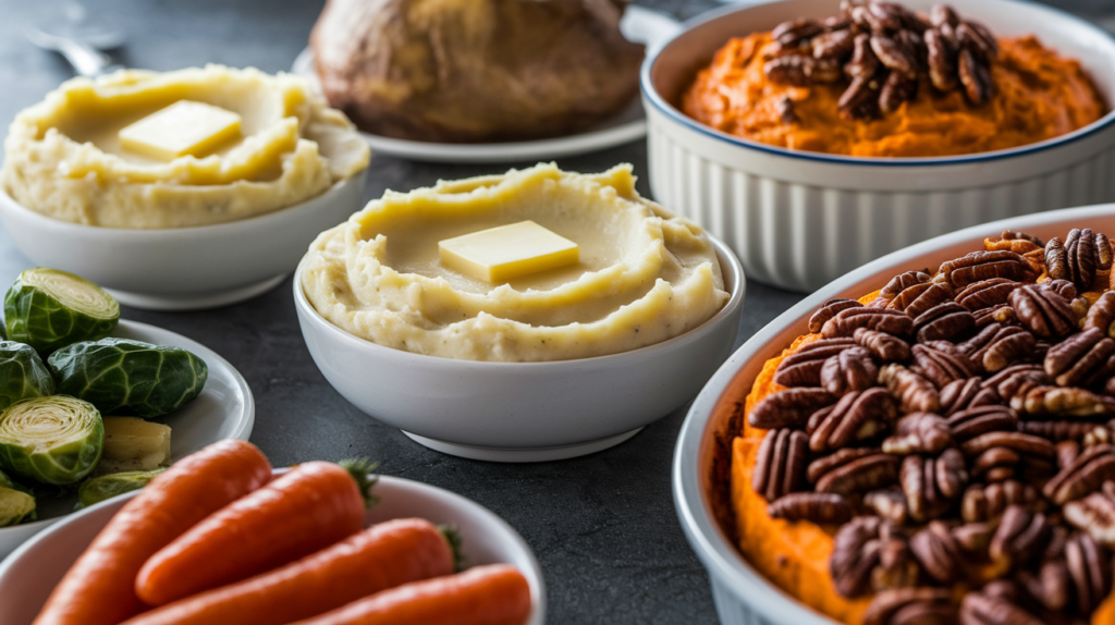 Thanksgiving side dishes on a festive table featuring mashed potatoes, roasted vegetables, and sweet potato casserole, perfect for a holiday feast.