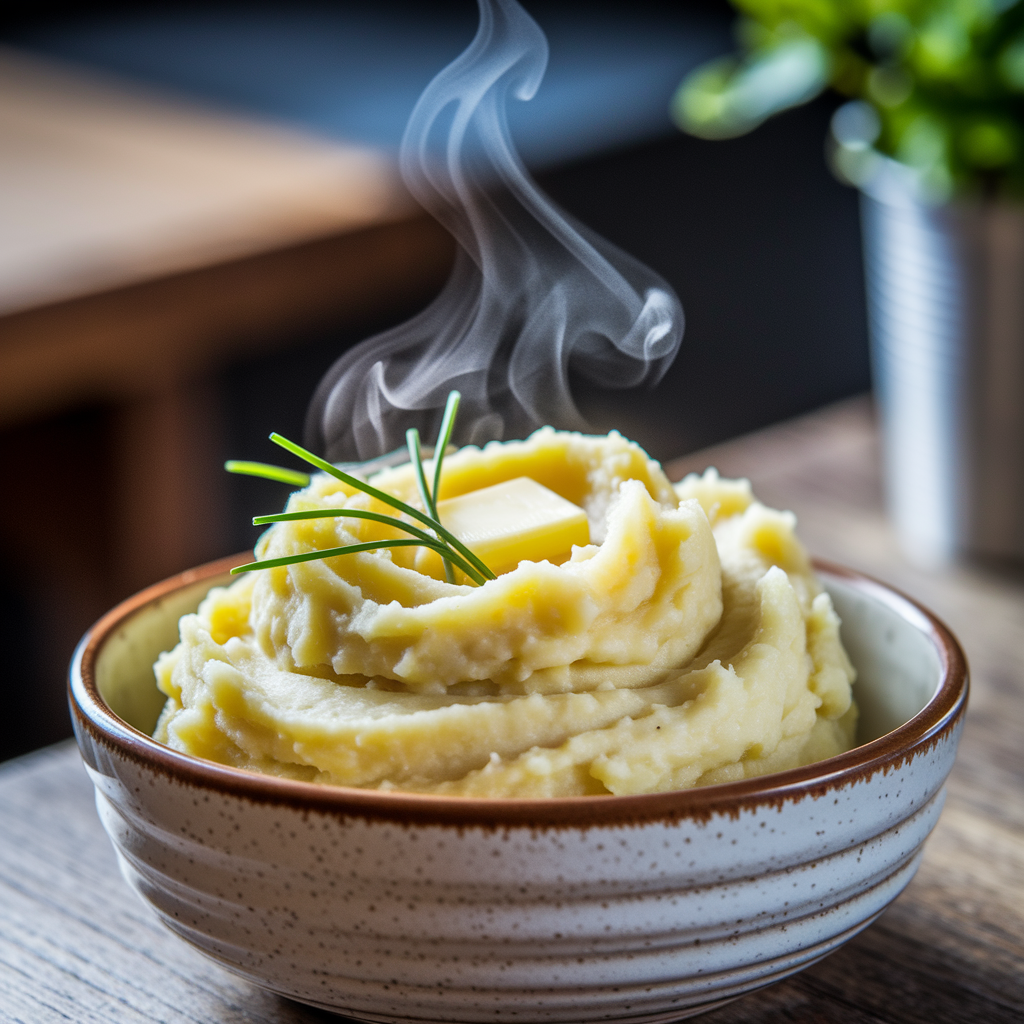 Close-up of creamy mashed potatoes with butter and chives, a classic Thanksgiving side dish.