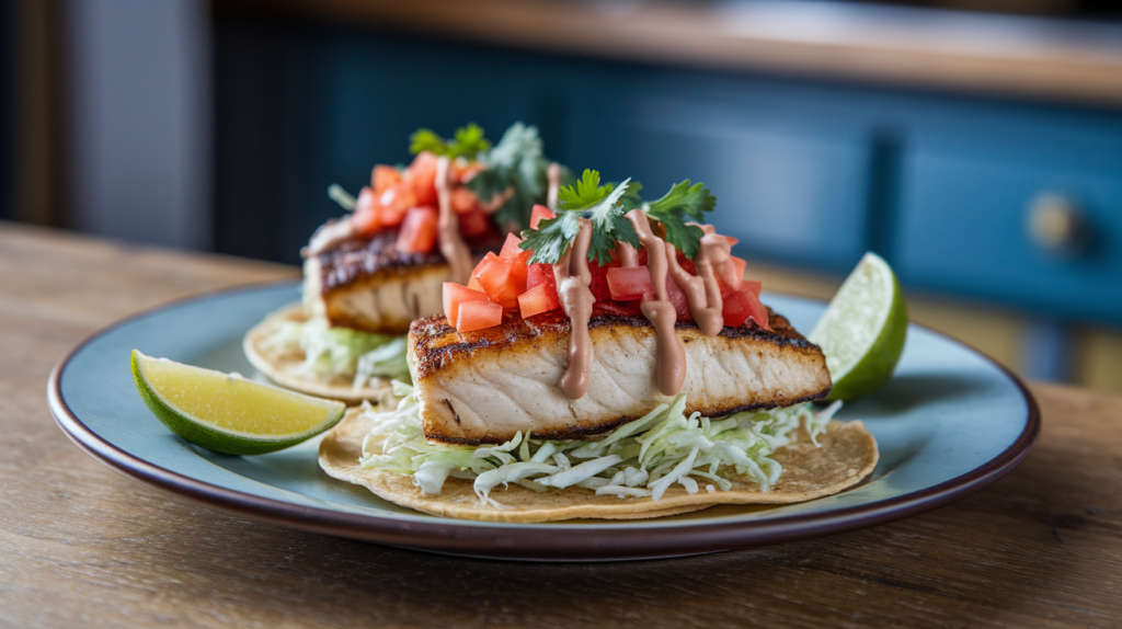 Freshly made fish tacos with grilled fish, shredded cabbage, diced tomatoes, and chipotle crema on corn tortillas, served with lime wedges."