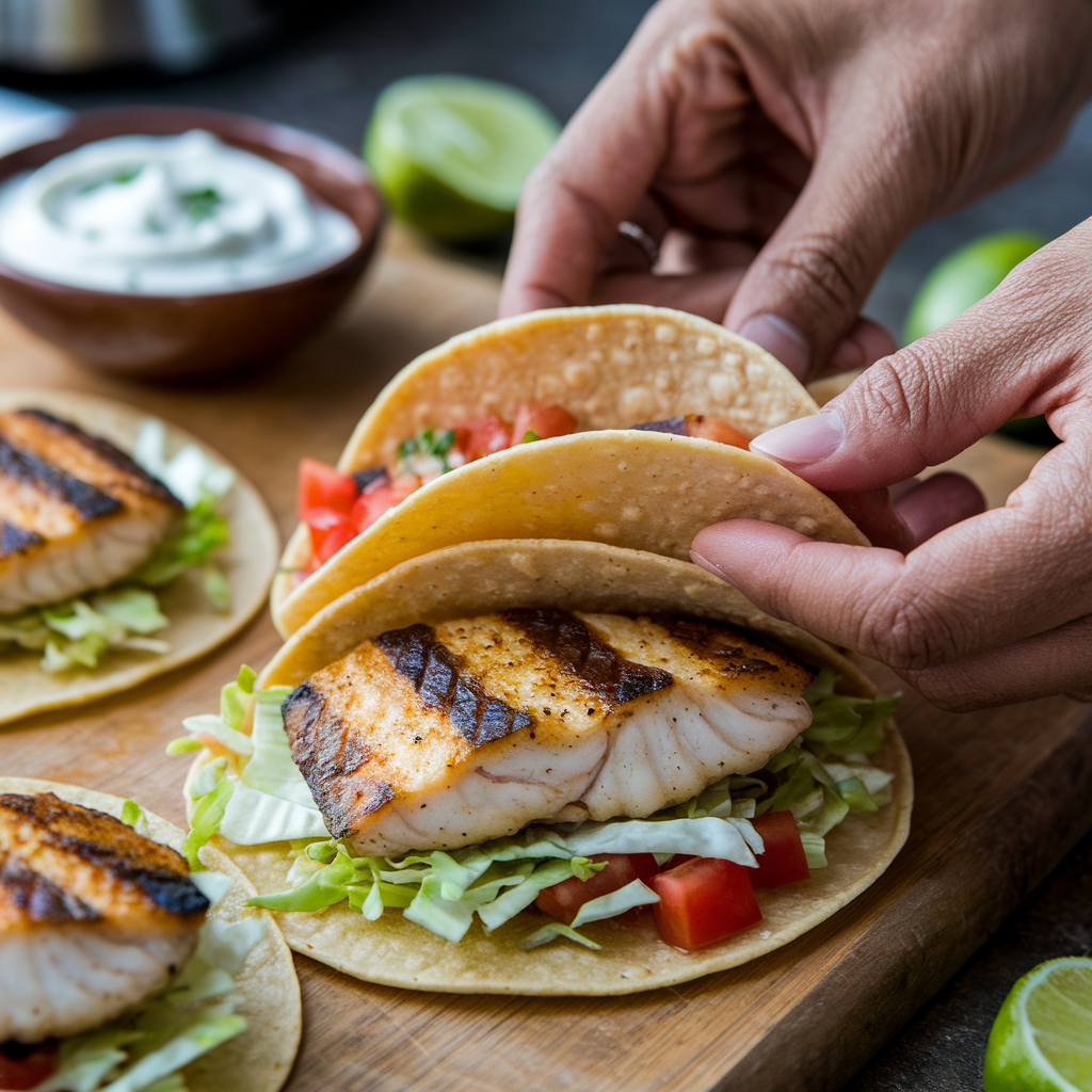 Hands assembling fish tacos with grilled fish, cabbage, and tomatoes on warm corn tortillas, with chipotle crema and lime wedges in the background.