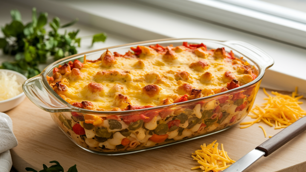 A freshly baked casserole with golden cheese topping, featuring visible layers of pasta, vegetables, and sauce, prepared in a glass baking dish—perfect for showcasing casserole recipes.