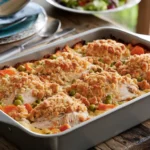 Delicious chicken casserole recipe with golden-brown breadcrumb topping, creamy sauce, tender chicken, and vibrant vegetables. A comforting dinner dish.