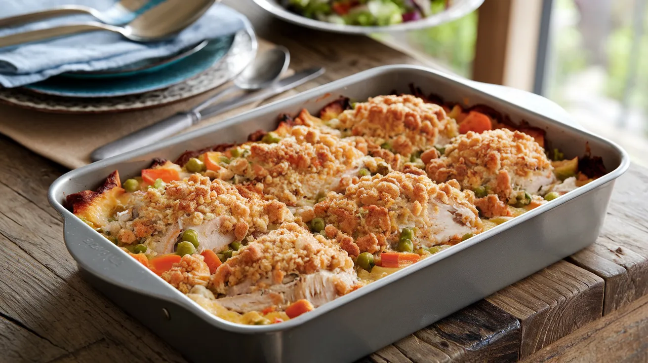 Delicious chicken casserole recipe with golden-brown breadcrumb topping, creamy sauce, tender chicken, and vibrant vegetables. A comforting dinner dish.