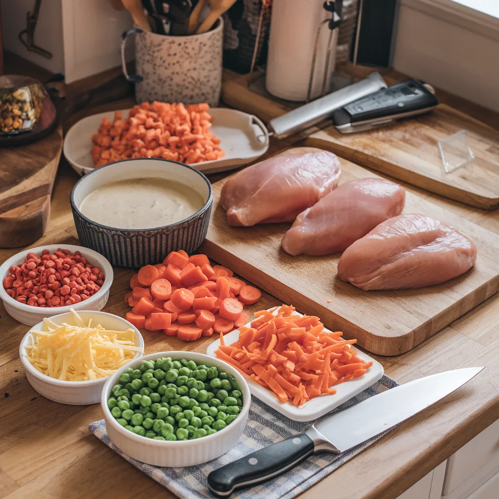 Ingredients for chicken casserole recipes, including fresh chicken, vegetables, cheese, and a creamy soup base, laid out for preparation in a home kitchen.