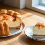 Golden crescent roll cheesecake with flaky layers and creamy filling, served on a rustic counter, perfect for any dessert occasion.