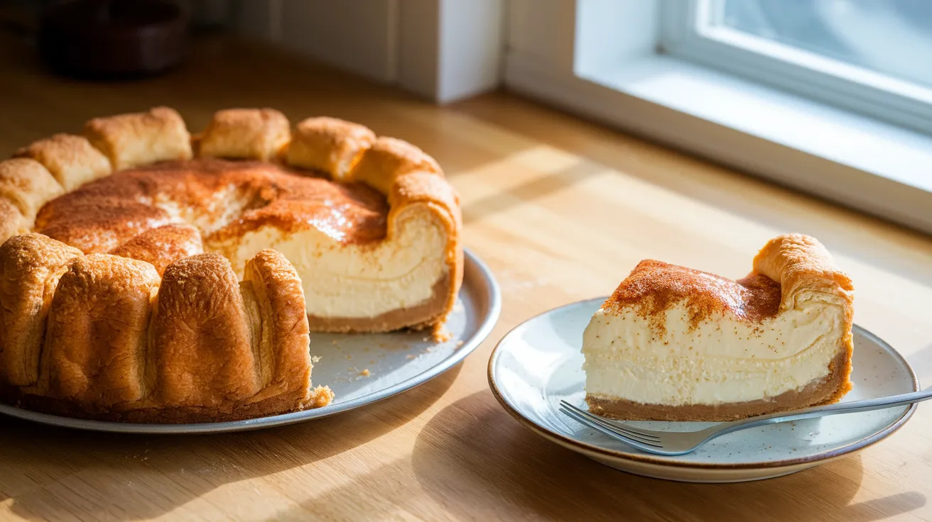 Golden crescent roll cheesecake with flaky layers and creamy filling, served on a rustic counter, perfect for any dessert occasion.