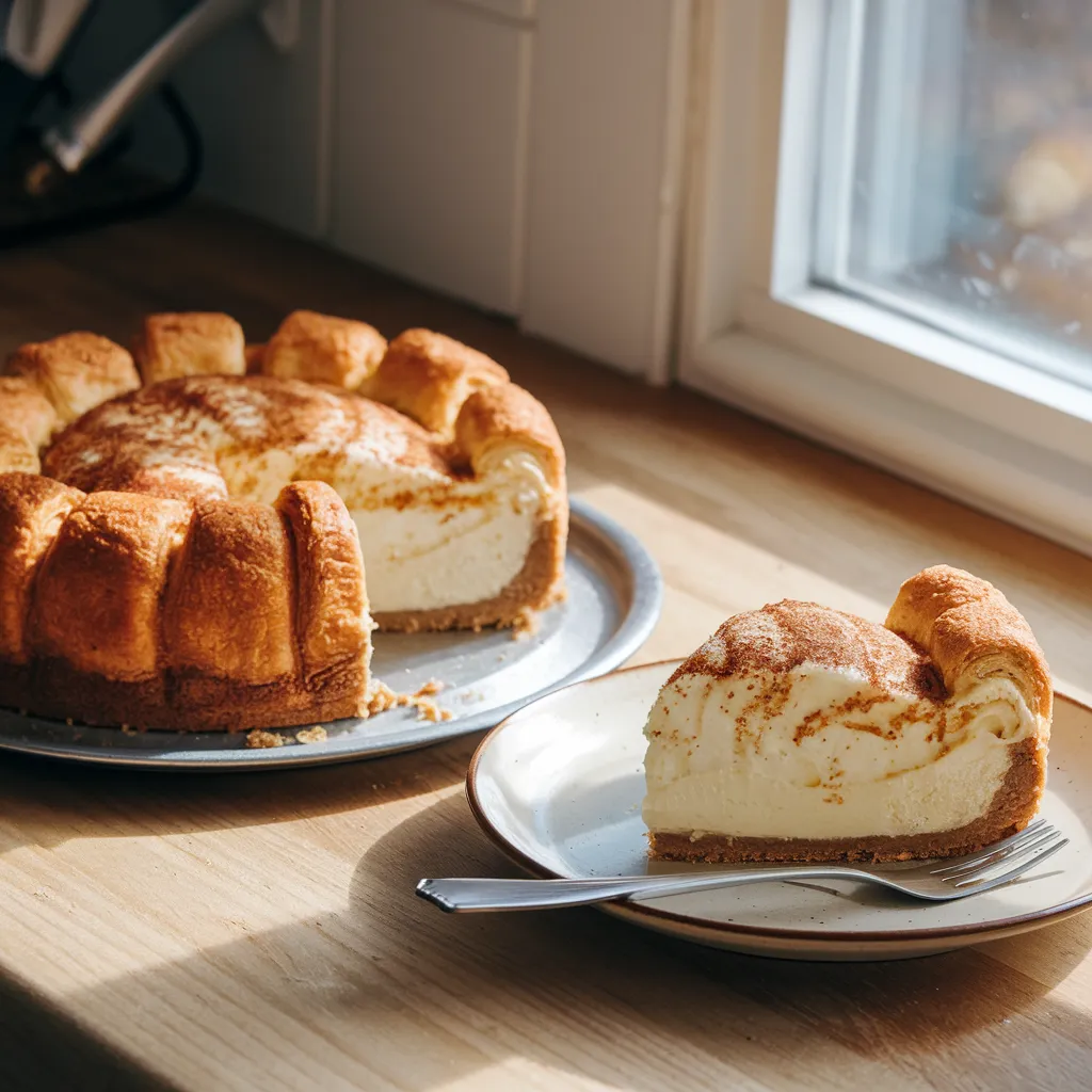 Discover the ultimate dessert! This golden crescent roll cheesecake features flaky, buttery layers and a creamy filling, served on a rustic counter. Perfect for any celebration.