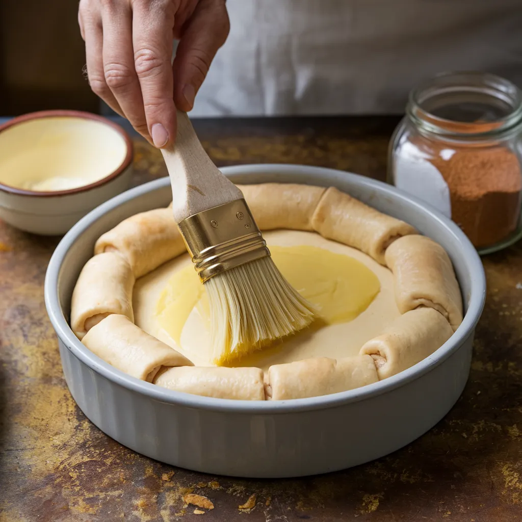 Baker preparing crescent roll cheesecake by spreading creamy filling over a crescent dough base in a baking dish