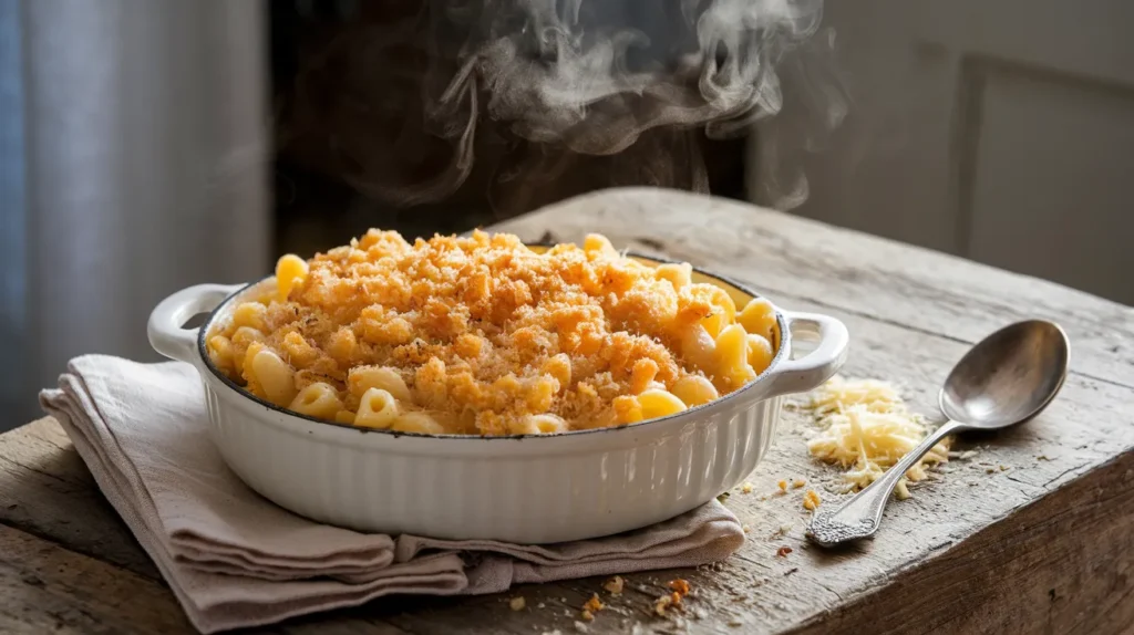 A golden, cheesy macaroni dish topped with breadcrumbs, baked fresh in a white dish, perfectly showcasing the ultimate cheesy macaroni recipe.