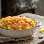 A golden, cheesy macaroni dish topped with breadcrumbs, baked fresh in a white dish, perfectly showcasing the ultimate cheesy macaroni recipe.