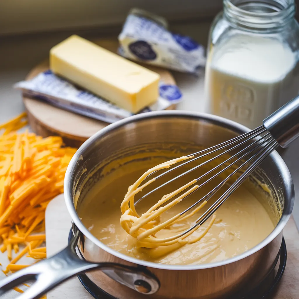 A smooth cheese sauce being whisked in a pan, surrounded by fresh ingredients for making a creamy cheesy macaroni dish.