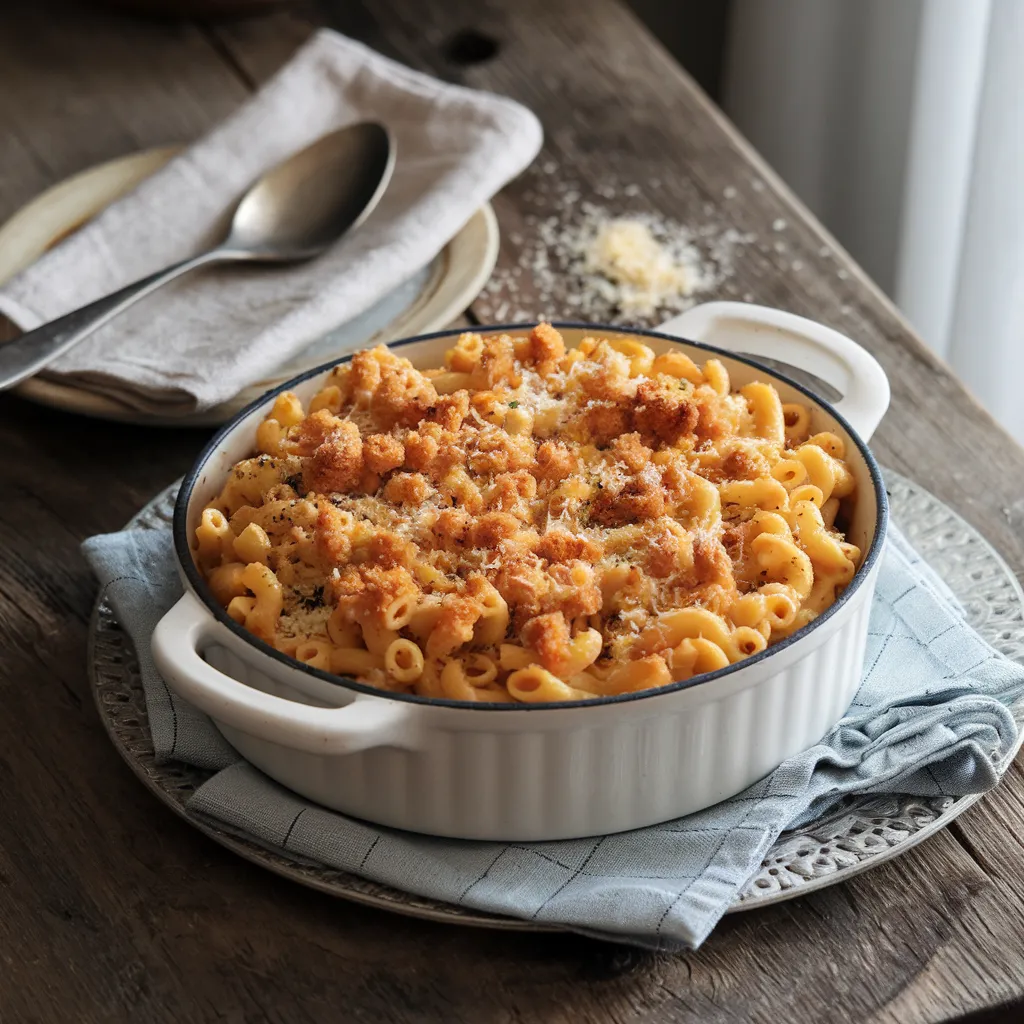 A golden, cheesy macaroni casserole baked to perfection in a white dish, topped with crispy breadcrumbs, beautifully highlighting the ultimate cheesy macaroni recipe.