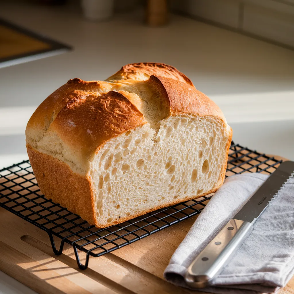 Golden brown loaf of freshly baked bread cooling on a rack, showcasing results from Cuisinart bread machine recipes for homemade bread.