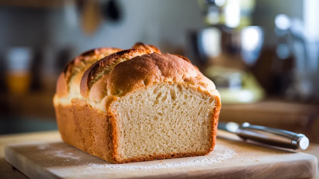 Golden-brown homemade bread on a wooden cutting board, freshly baked using a Cuisinart bread machine recipe.