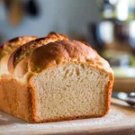 Golden-brown homemade bread on a wooden cutting board, freshly baked using a Cuisinart bread machine recipe.