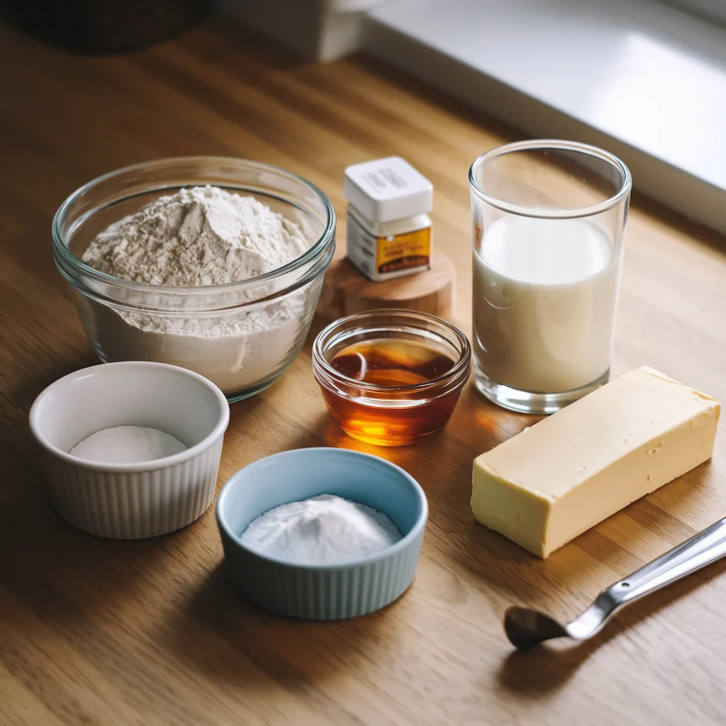 Fresh ingredients for a Cuisinart bread machine recipe, including flour, yeast, milk, honey, butter, and salt on a wooden countertop