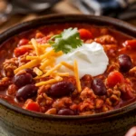 A close-up view of the best chili recipe served in a rustic bowl, featuring ground beef, kidney beans, tomatoes, and garnishes, highlighting rich textures and vibrant colors.