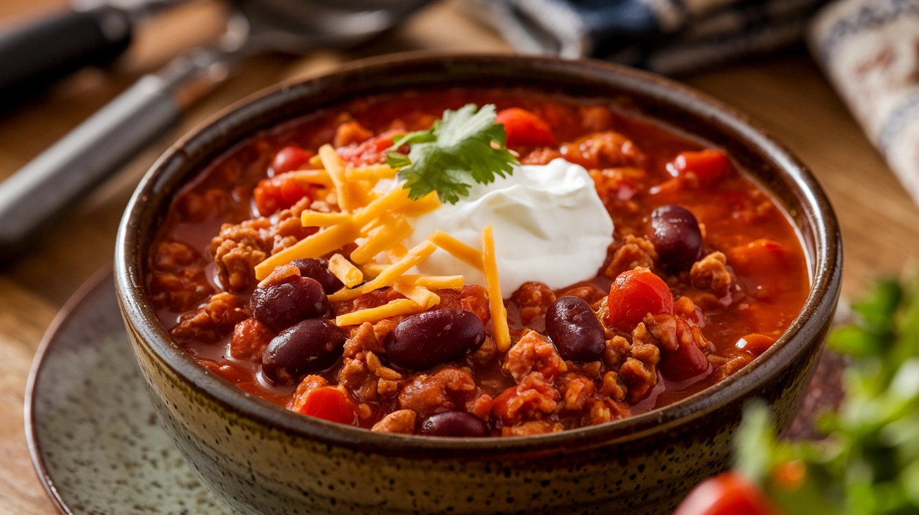 A close-up view of the best chili recipe served in a rustic bowl, featuring ground beef, kidney beans, tomatoes, and garnishes, highlighting rich textures and vibrant colors.