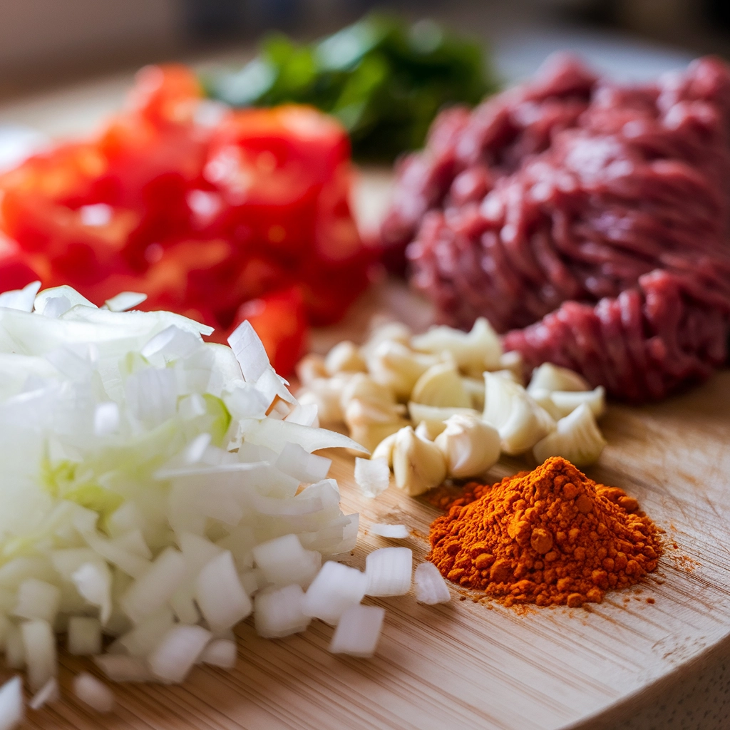 Very zoomed-in image of fresh ingredients for the best chili recipe, including chopped onions, minced garlic, raw ground beef, and spices on a wooden cutting board.