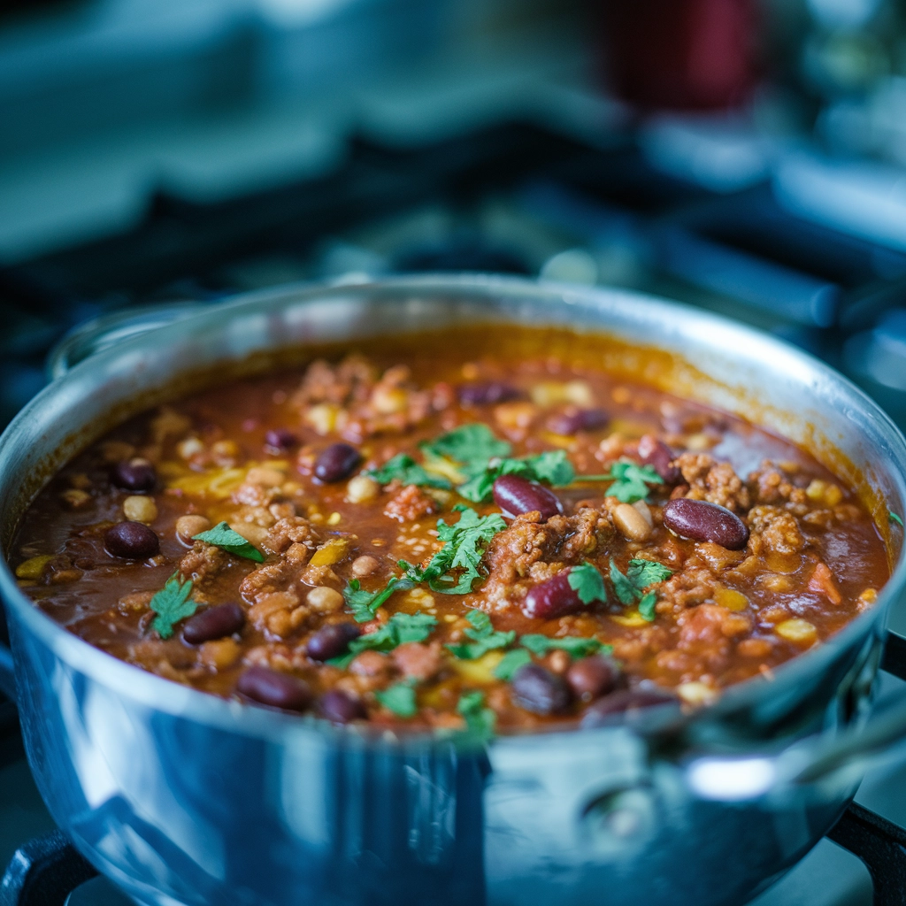 Very zoomed-in photo of a simmering pot of the best chili recipe, showing steam rising, bubbling sauce, and rich textures of beans and beef on a stovetop.