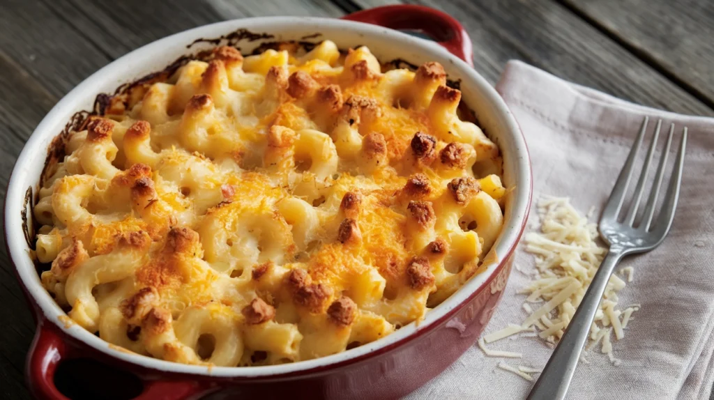 Close-up of creamy baked macaroni cheese with golden brown edges, showcasing how to make a roux for macaroni cheese.