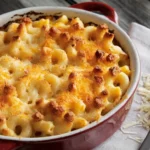 Close-up of creamy baked macaroni cheese with golden brown edges, showcasing how to make a roux for macaroni cheese.