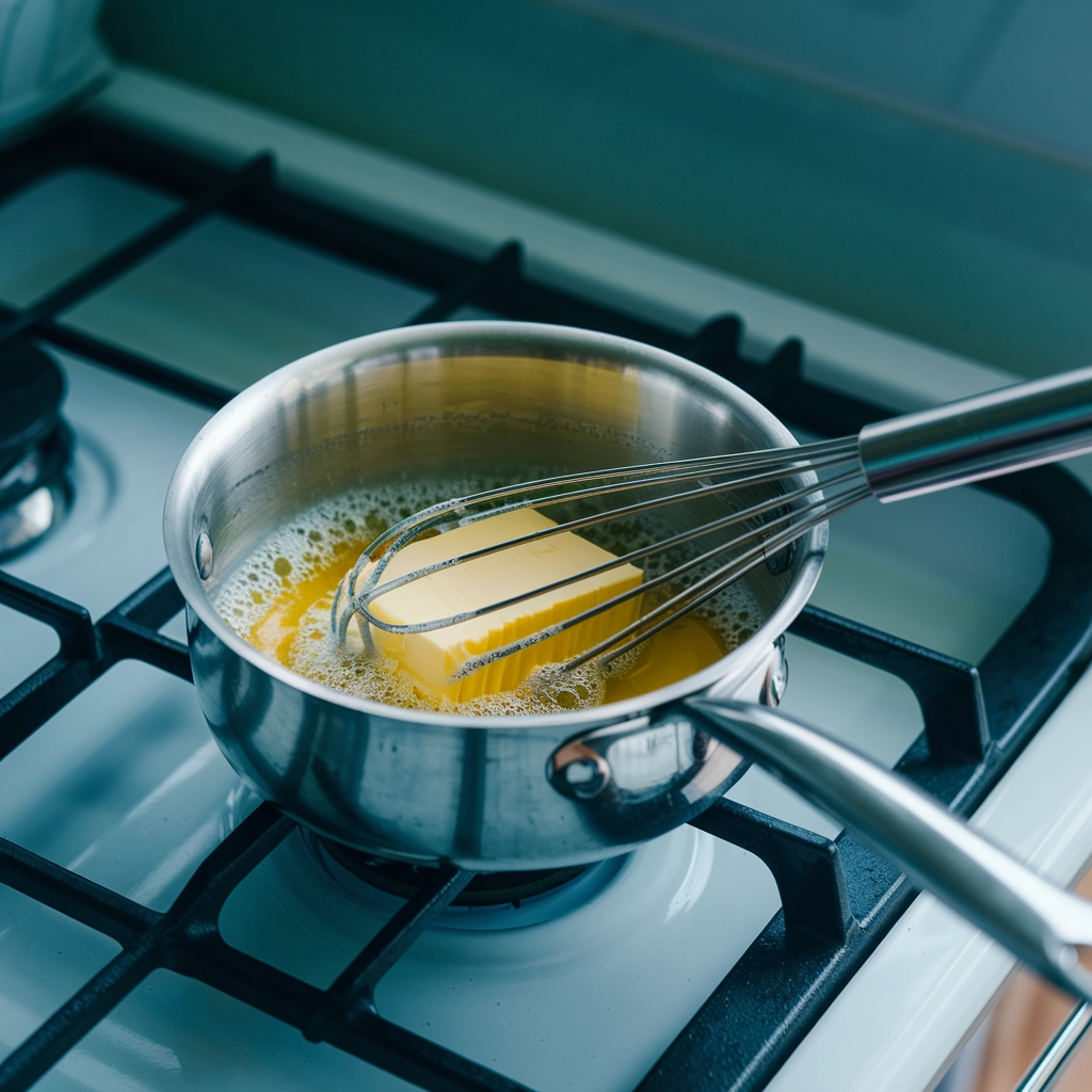 Very zoomed-in view of butter melting in a saucepan, an essential step in how to make a roux for macaroni cheese.