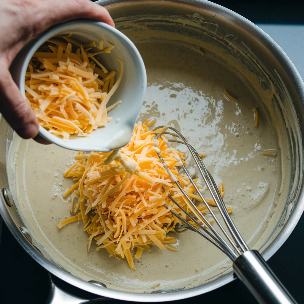 Extreme close-up of grated cheese being added to a creamy roux sauce, illustrating how to make a roux for macaroni cheese.