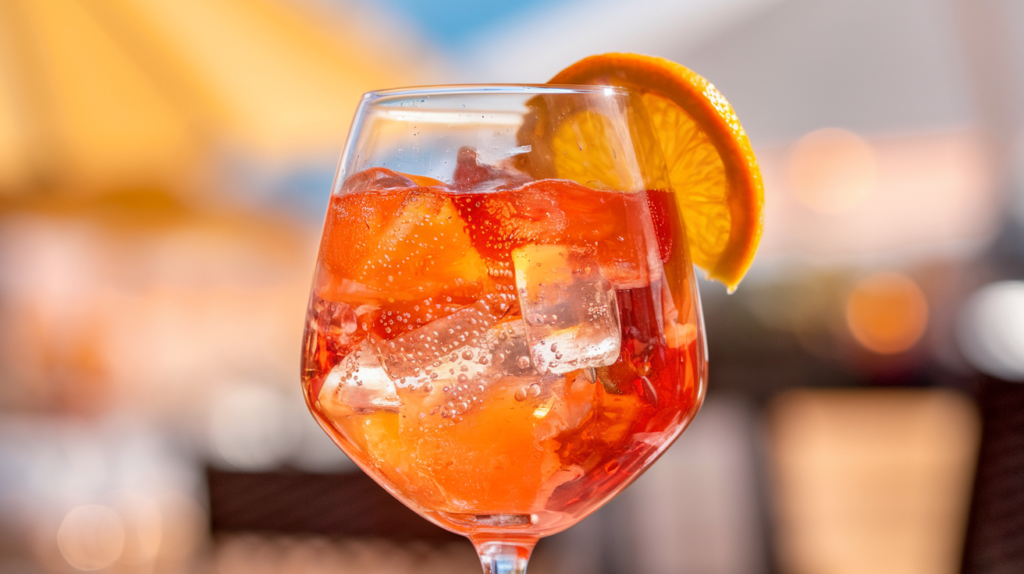 A close-up of a freshly made Aperol Spritz in a wine glass with ice, an orange slice garnish, and visible bubbles rising to the top.