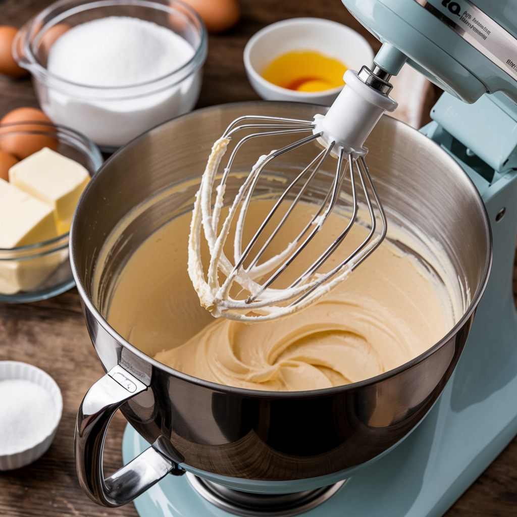 A stand mixer with a whisk attachment, creaming butter and sugar together in a large bowl, showcasing an advanced step in the buttercream preparation process.