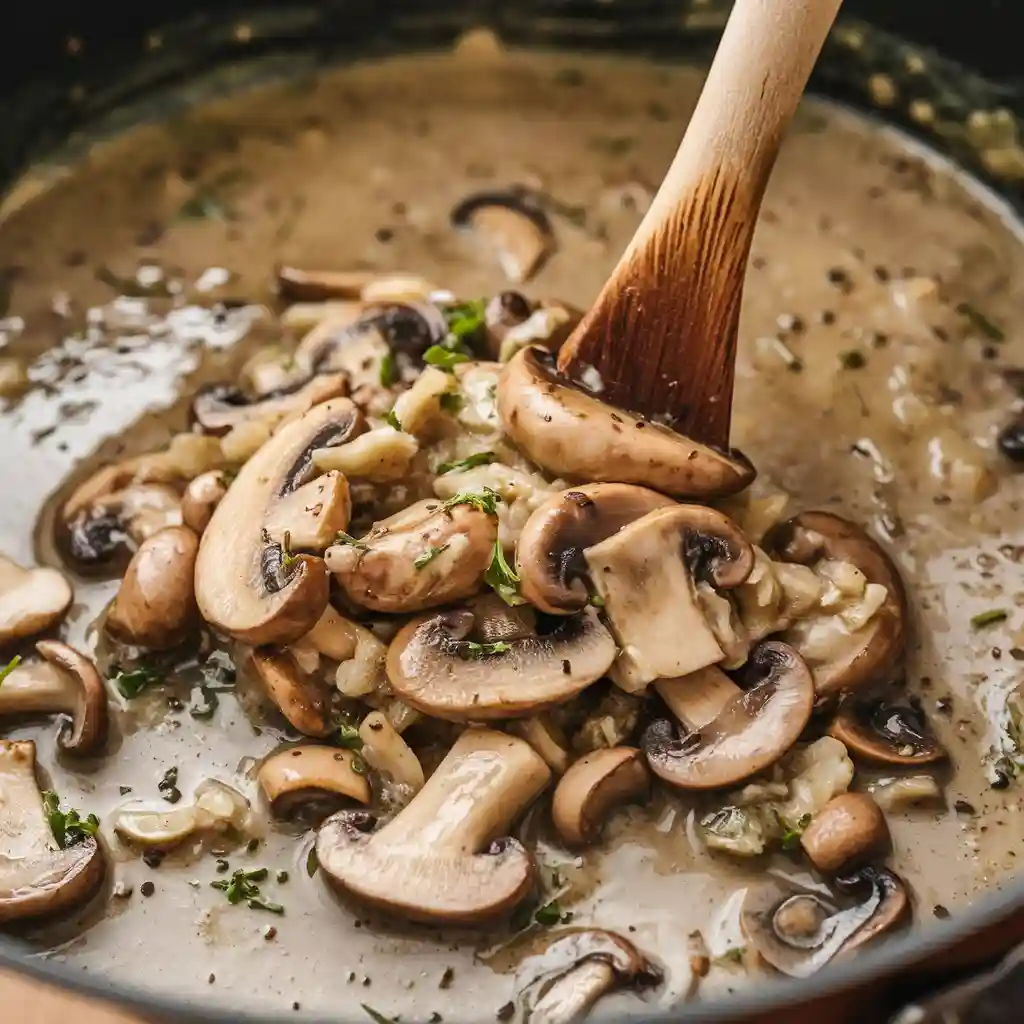 Close-up of a homemade mushroom sauce being stirred in a skillet, with cremini mushrooms and a creamy consistency.