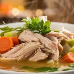 A very zoomed-in photo of a steaming bowl of homemade chicken soup with shredded chicken, diced vegetables, and fresh parsley in a golden broth.