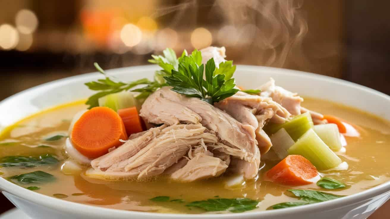 A very zoomed-in photo of a steaming bowl of homemade chicken soup with shredded chicken, diced vegetables, and fresh parsley in a golden broth.