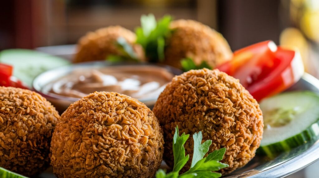 A close-up of a plate of crispy, golden-brown falafel served with tahini sauce, sliced cucumbers, tomatoes, and fresh parsley.