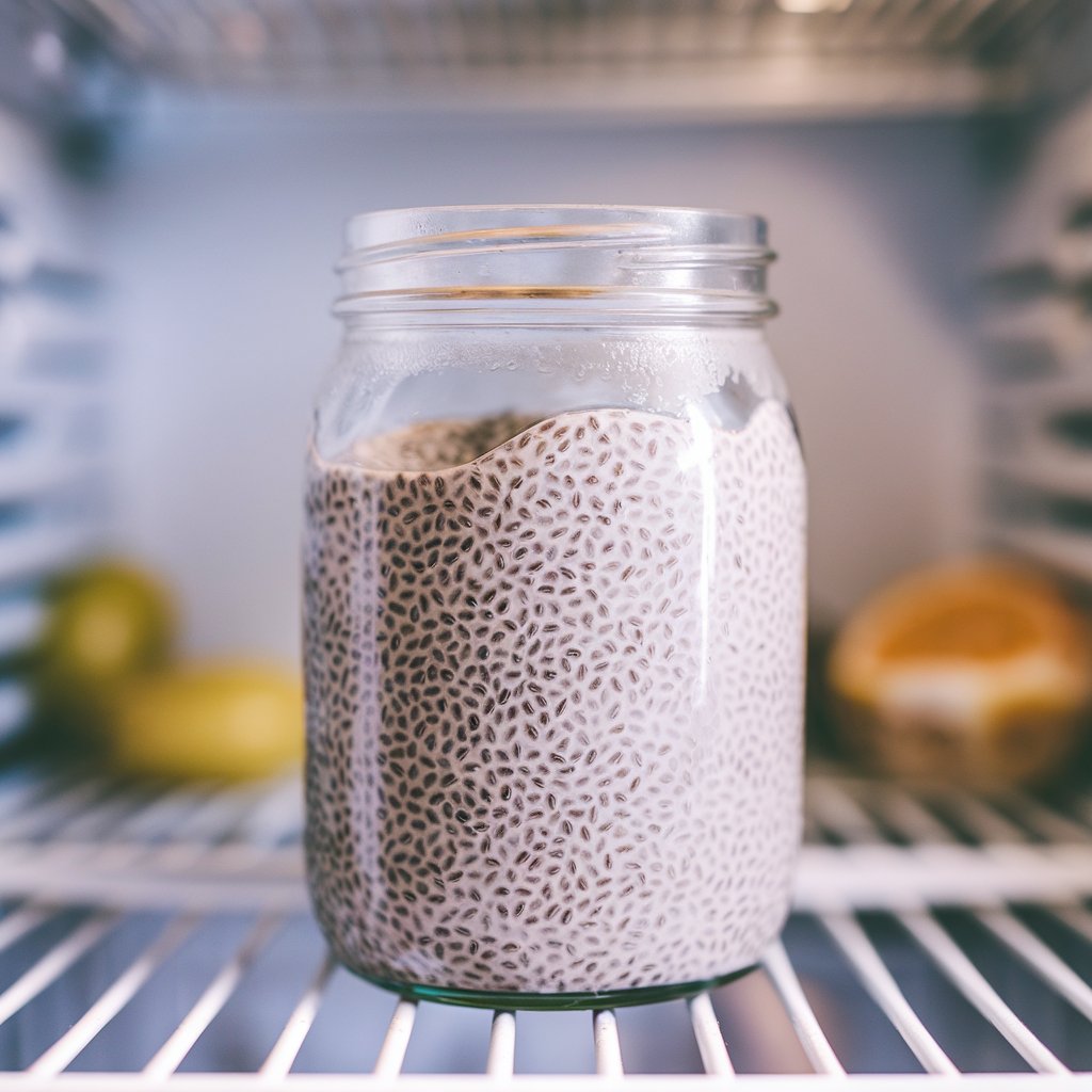 A close-up view of a glass jar filled with chia pudding inside a fridge, halfway set with visible texture.